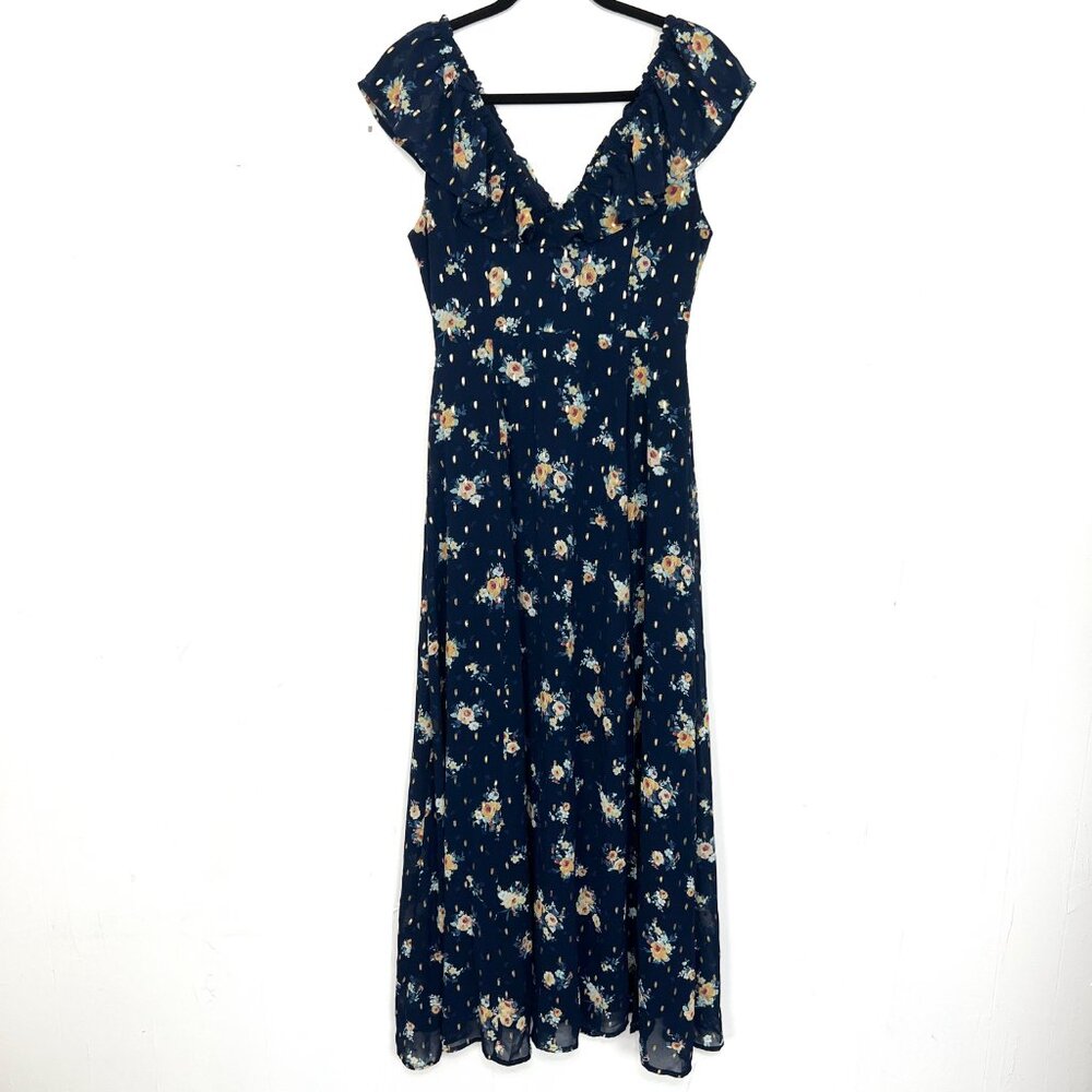 Miami Navy Floral Metallic‎ Dot Print Maxi Dress Francesca's XS